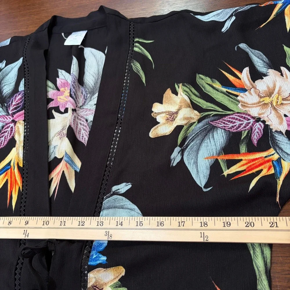 Kona Sol Womens Kimono Cover Up S/M Black Tropical Floral Bird of Paradise Wrap